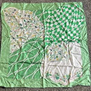 GUMPS 100% Silk Scarf Green White Floral Checkerboard Luxury Scarf